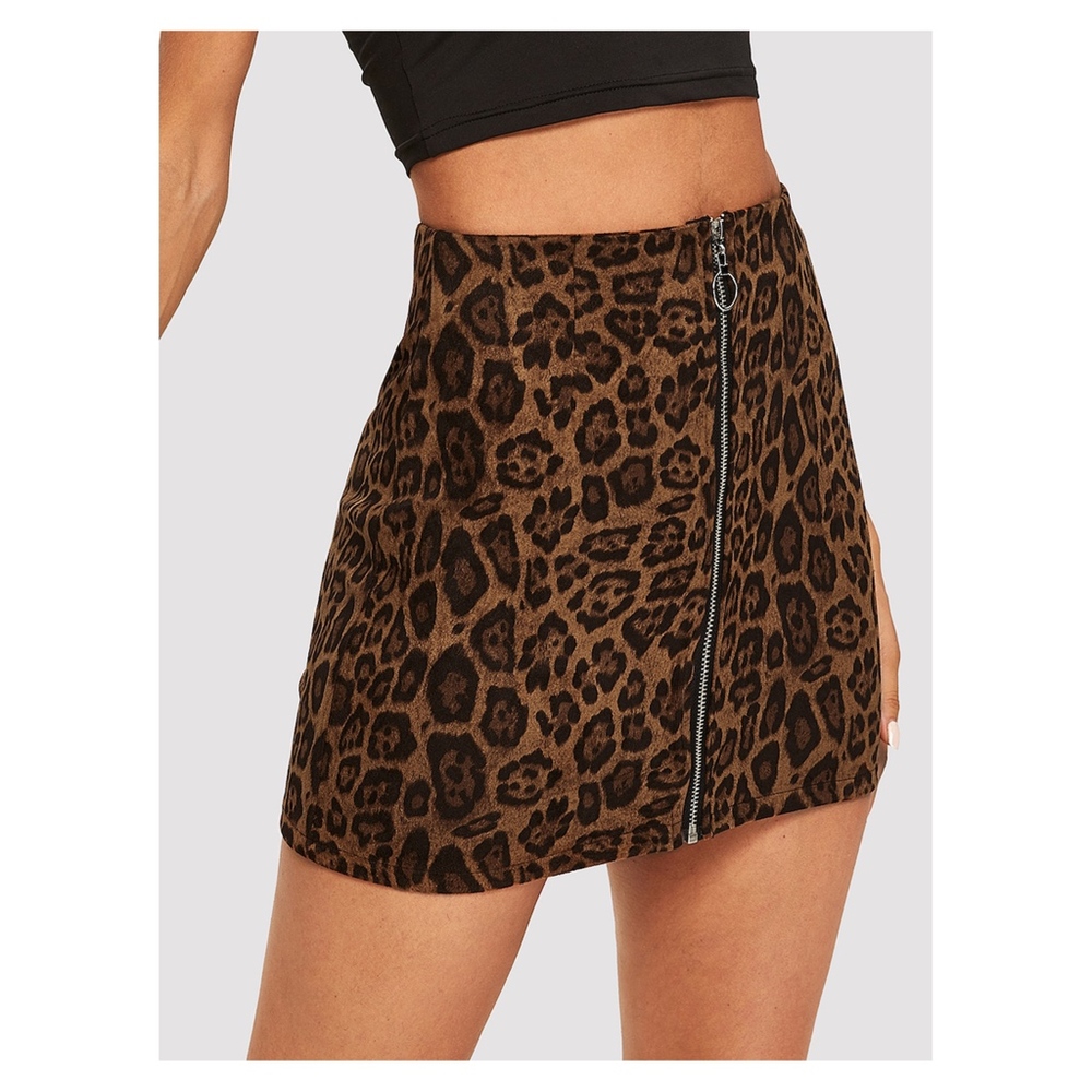 Brown Leopard Animal Print Front Zipper Mini Skirt - Picture 4 of 5